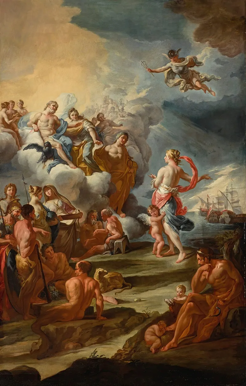 Venus Appealing To Jupiter Juno And Apollo On Behalf Of The Trojan Fleet Wall Art by Circle Of Corrado Giaquinto - High-Resolution Digital Print