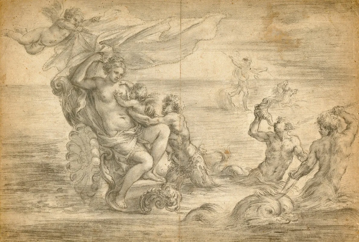 Venus Seated In Her Sea Chariot Suckling Cupid Wall Art by Alessandro Algardi - High-Resolution Digital Print