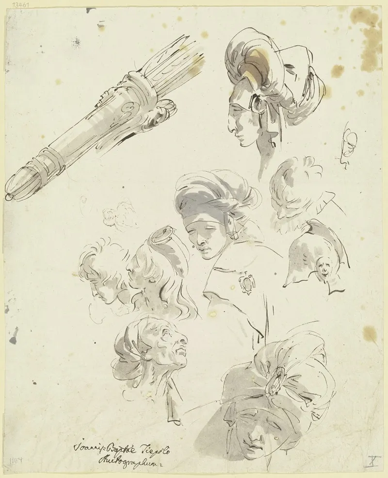 Verschiedene Kopfe Von Bartlosen Mannern Mit Turbanartigem Kopfputz Links Oben Ein Kocher Mit Pfeilen Wall Art by Giovanni Battista Tiepolo - High-Resolution Digital Print