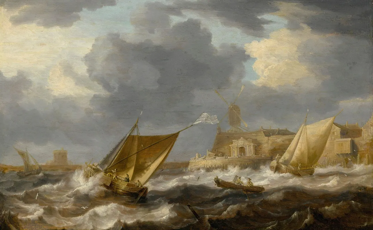 Vessels And A Rowing Boat On Choppy Waters Near A Small Harbor Town With A Windmill Possibly Hoboken