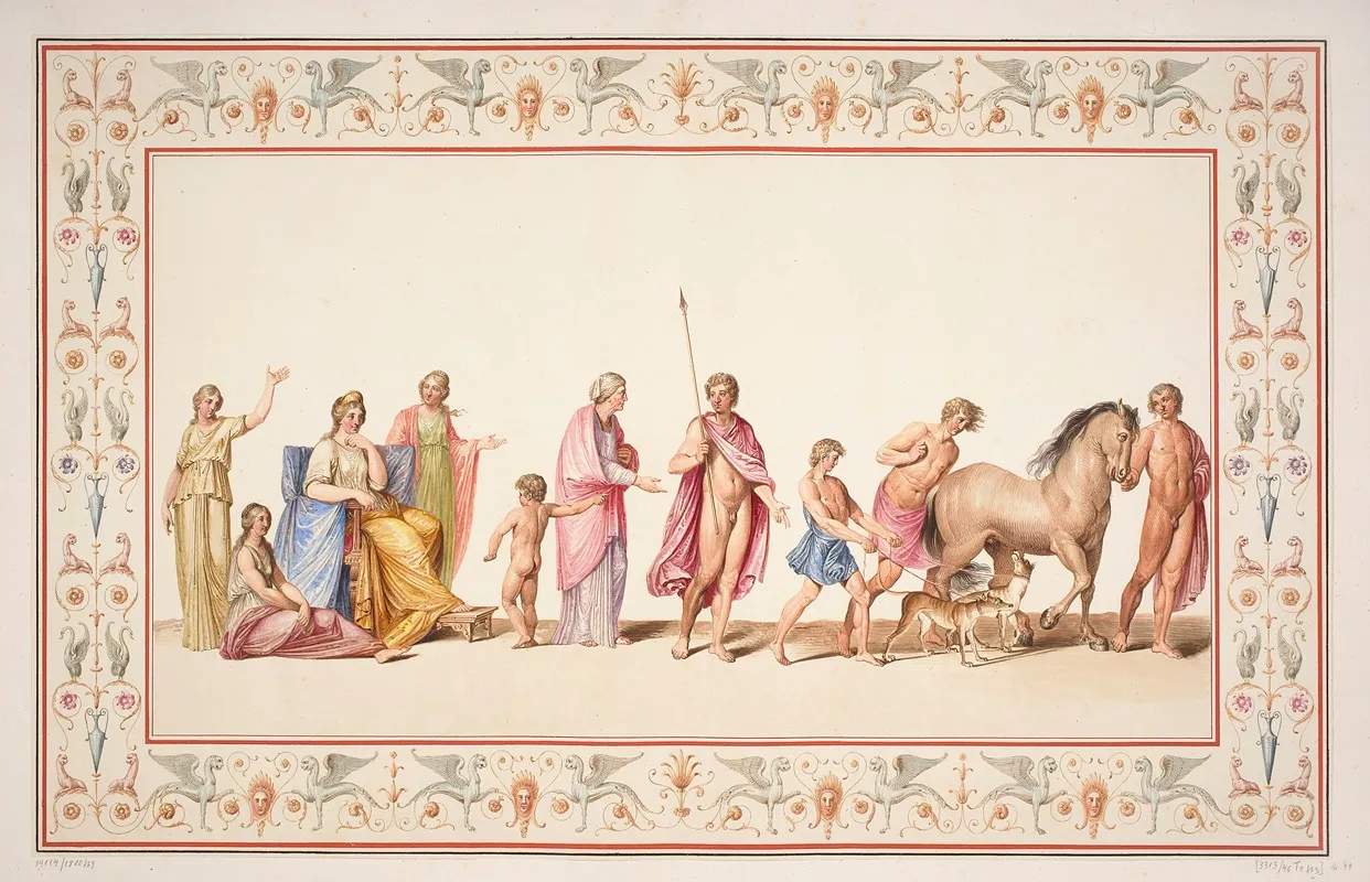 Vestigia Delle Terme Di Tito Hipolit Going Hunting Quadro From Vault Ornamentation In Room 21 Wall Art by Marco Carlone - High-Resolution Digital Print