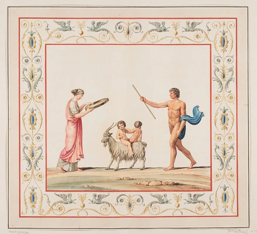 Vestigia Delle Terme Di Tito Two Children On A Goat Quadro From Vault Ornamentation In Room 11 Wall Art by Marco Carlone - High-Resolution Digital Print