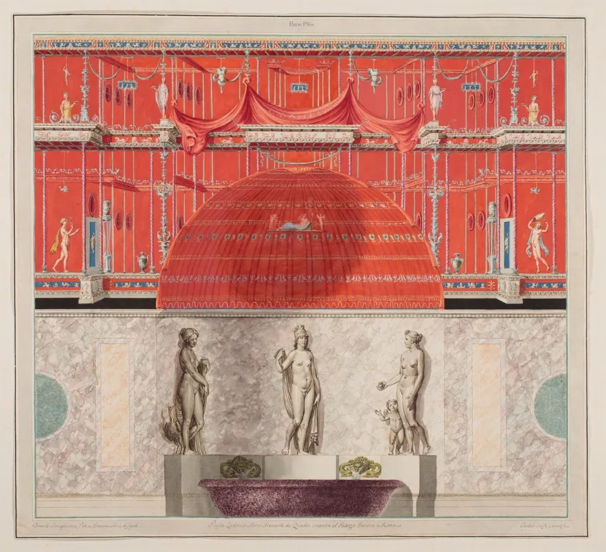 Vestigia Delle Terme Di Tito View Of Apse In Room 25 With The Statues Of Minerva Juno And Venus Wall Art by Marco Carlone - High-Resolution Digital Print