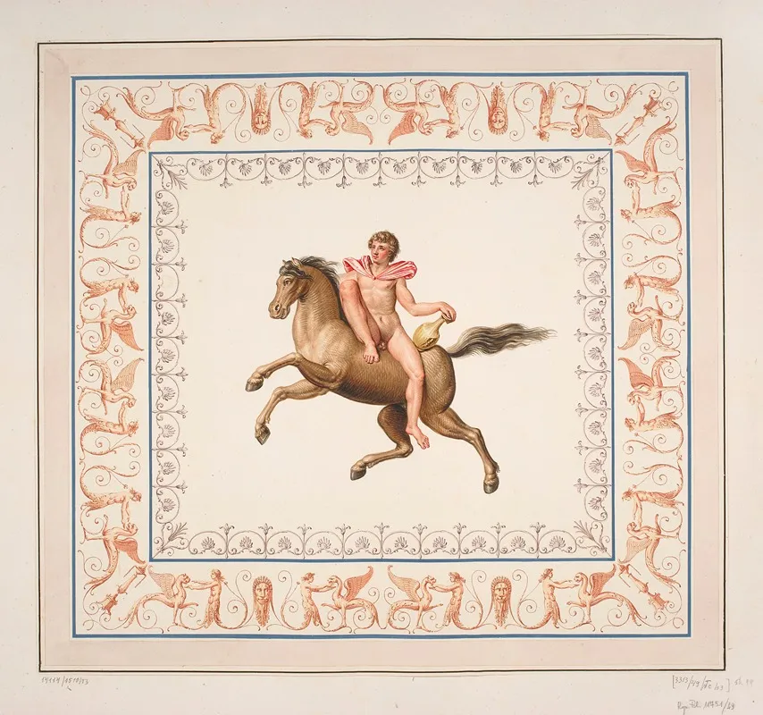Vestigia Delle Terme Di Tito Young Man With Amphora On Horseback Quadro From Vault Ornamentation In Room 21 Wall Art by Marco Carlone - High-Resolution Digital Print