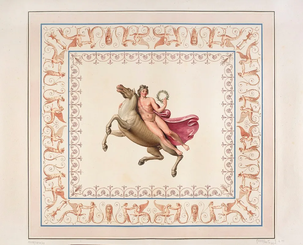 Vestigia Delle Terme Di Tito Young Man With Wreath On Horseback Quadro From Vault Ornamentation In Room 21 Wall Art by Marco Carlone - High-Resolution Digital Print