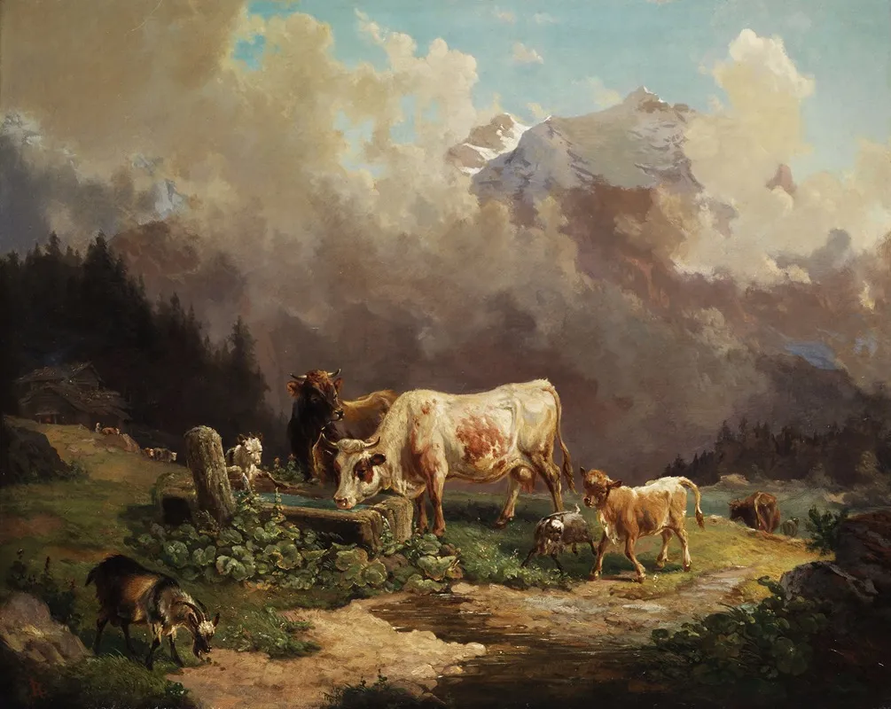 Vieh Im Hochgebirge An Der Tranke Wall Art by Louis Reinhardt - High-Resolution Digital Print