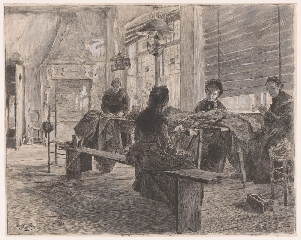 Vier Vrouwen In Een Naaiatelier Aan Het Werk