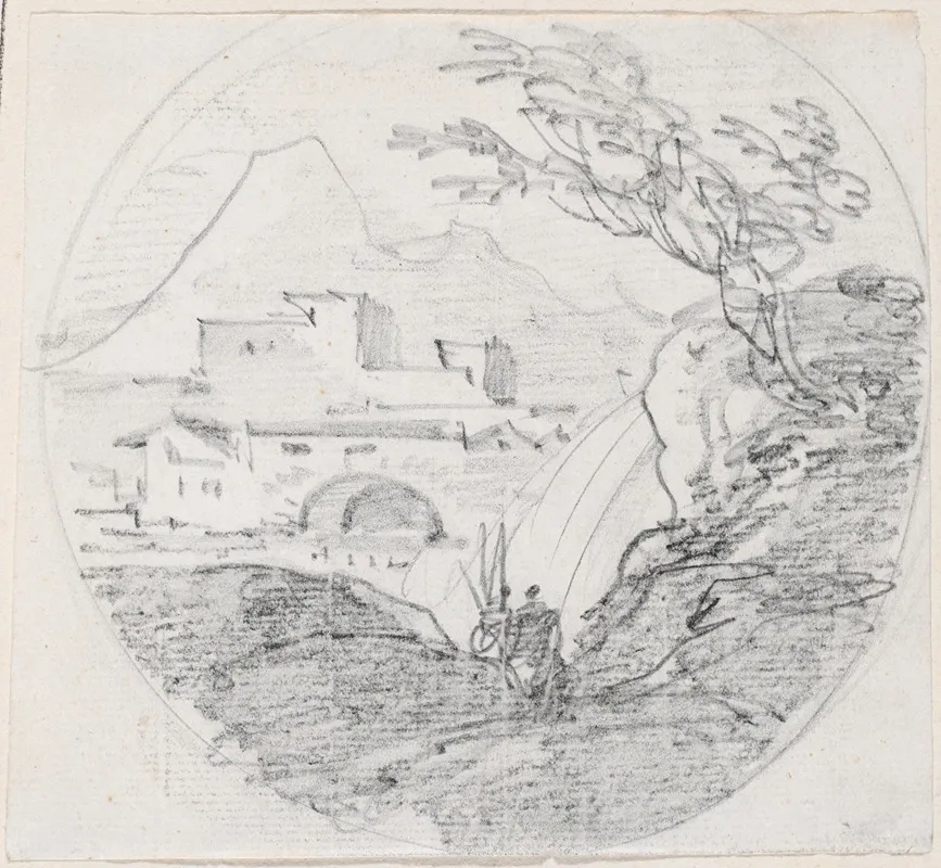 View From A Ridge To A Village And Distant Mountain Wall Art by Hubert Robert - High-Resolution Digital Print