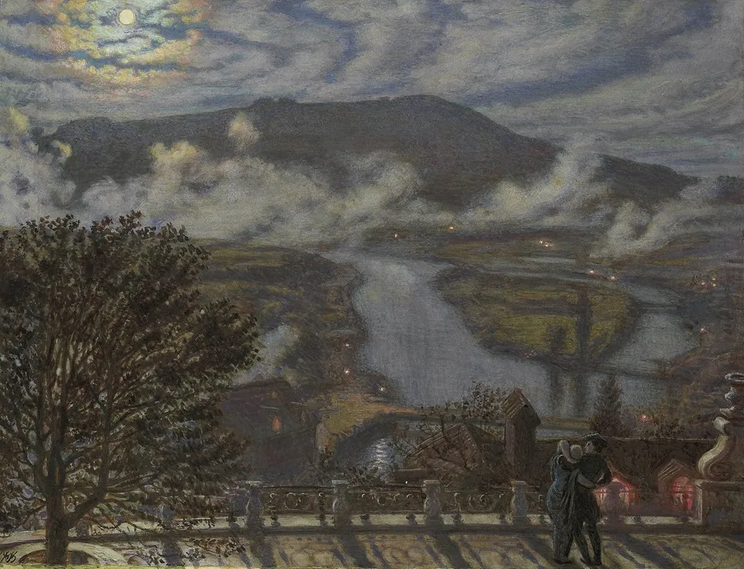 View From A Terrace Of A River Landscape At Night