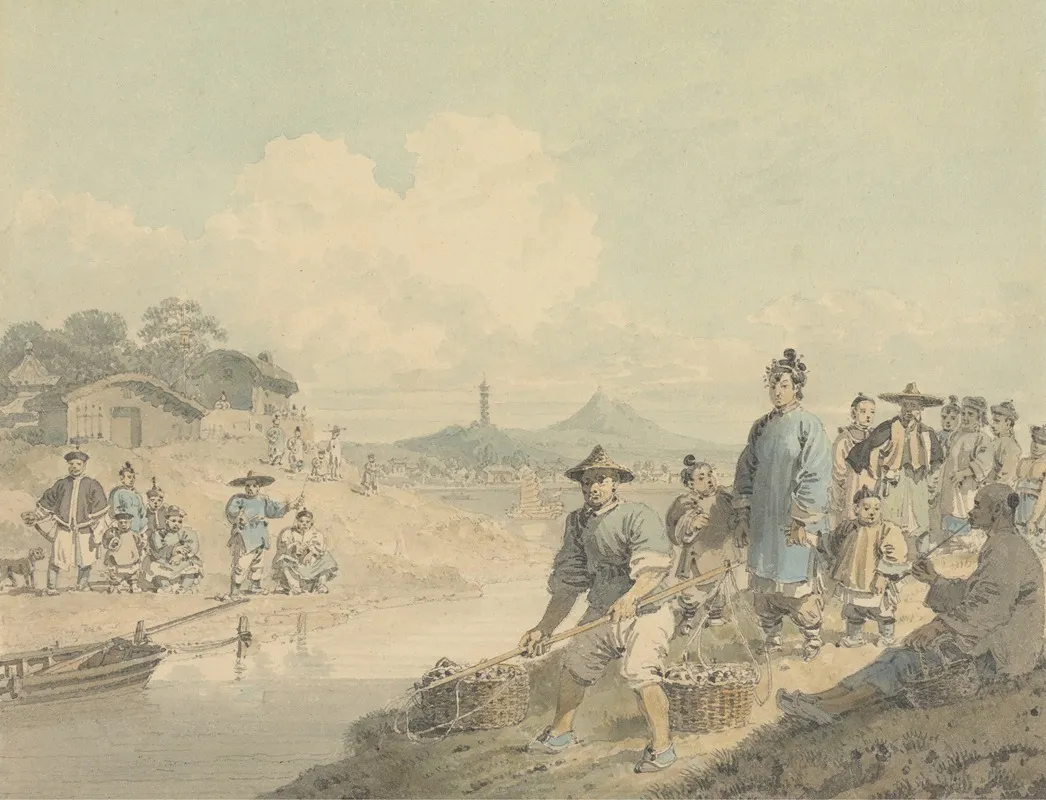 View In China Figures With Pagoda And Mountain