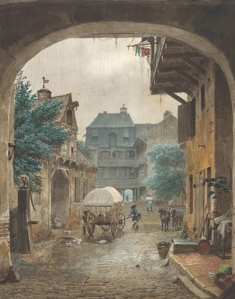 View Into The Courtyard Of An Inn At Colmar Wall Art by Eduard Gaertner - High-Resolution Digital Print