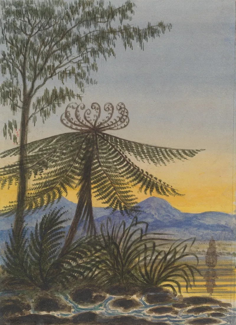 View Near Auckland Evening Trees And Ferns Wall Art by Lt. Gen. Charles Emilius Gold - High-Resolution Digital Print