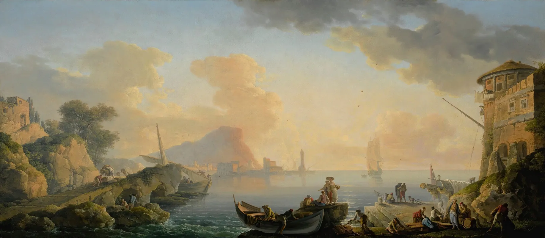 View Of A Harbor At Dawn With Fishermen Along The Port In The Foreground Wall Art by Carlo Bonavia - High-Resolution Digital Print