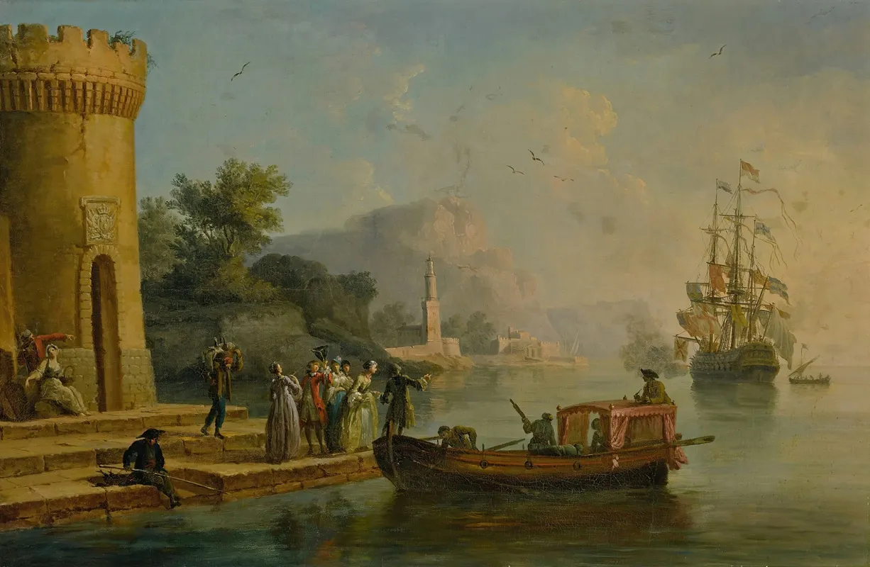 View Of A Mediterranean Port With A Group Of Figures On The Shores Edge A Large Ship Beyond Wall Art by Claude-Joseph Vernet - High-Resolution Digital Print