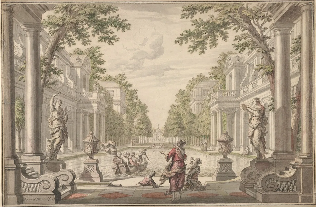 View Of A Palace Garden With A Central Pond Surrounded By Classical Architecture Wall Art by Daniel Marot the Elder - High-Resolution Digital Print