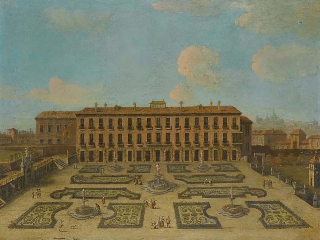 View Of A Palace Possibly The Palacio Riofrio In Segovia With Figures Promenading In The Formal Gardens Wall Art by Follower of Francesco Battaglioli - High-Resolution Digital Print