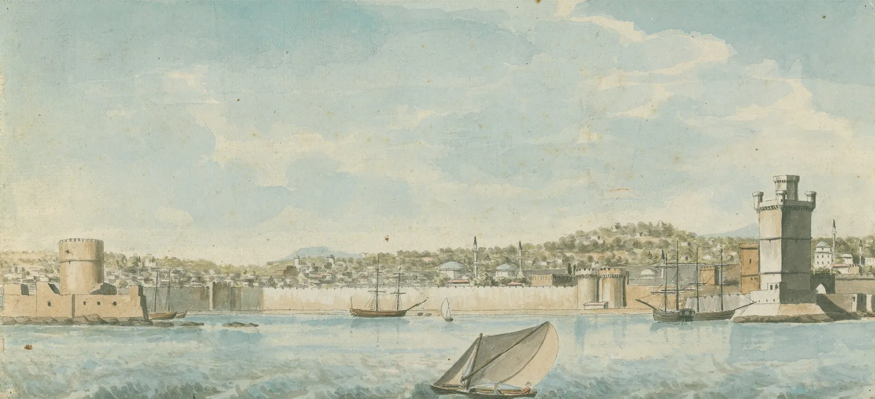 View Of A Walled Town And Harbour With Towers Seen From The Sea