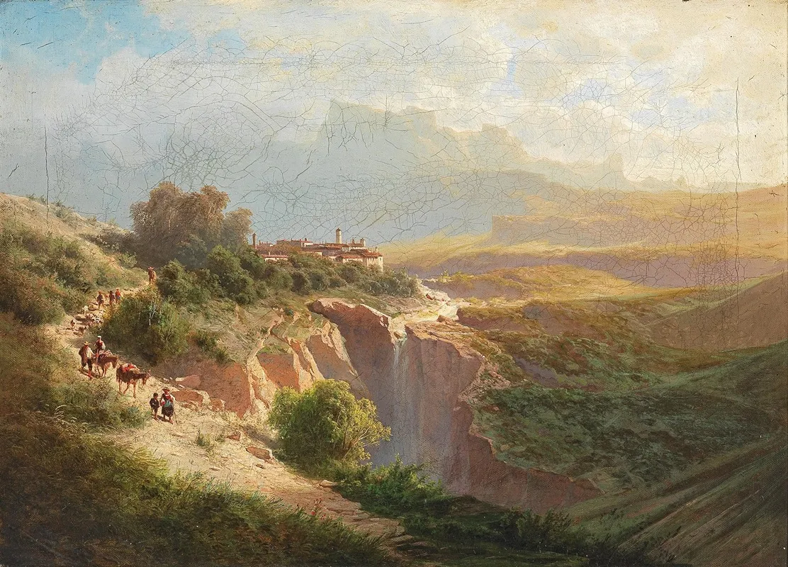 View Of An Upper Italian Town With Decorative Figures Wall Art by Leopold Heinrich Vöscher - High-Resolution Digital Print