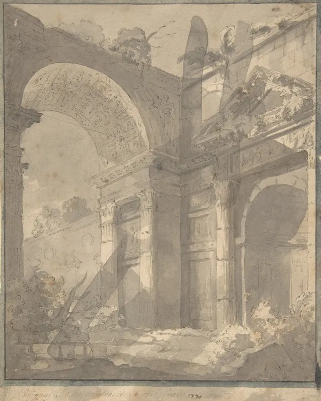 View Of Ancient Roman Ruins An Arch And A Triangular Pedimented Doorway