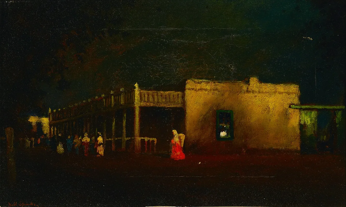 View Of Figures On A Street By A Hacienda Wall Art by Will Sparks - High-Resolution Digital Print