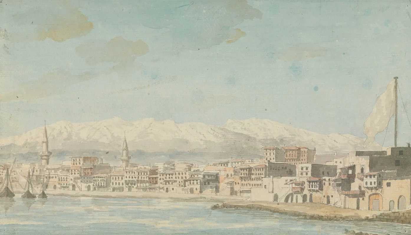 View Of Harbor Town With Flagpole At Right Seen From Sea