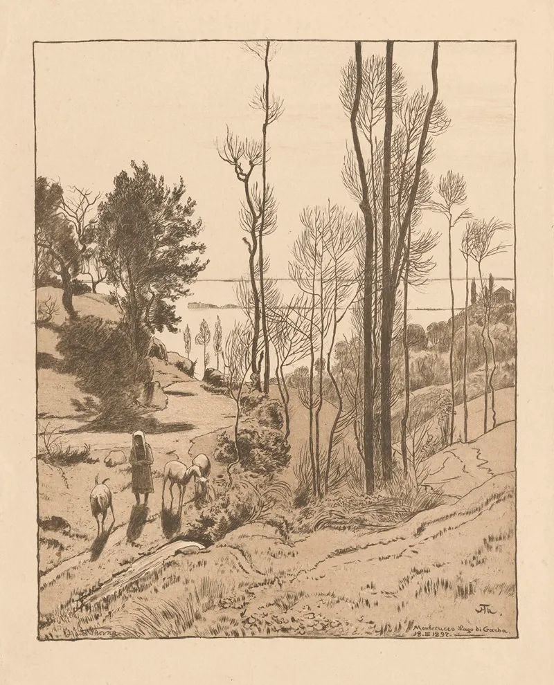 View Of Lake Garda With A Shepherdess Tending Goats And Sheep Wall Art by Hans Thoma - High-Resolution Digital Print