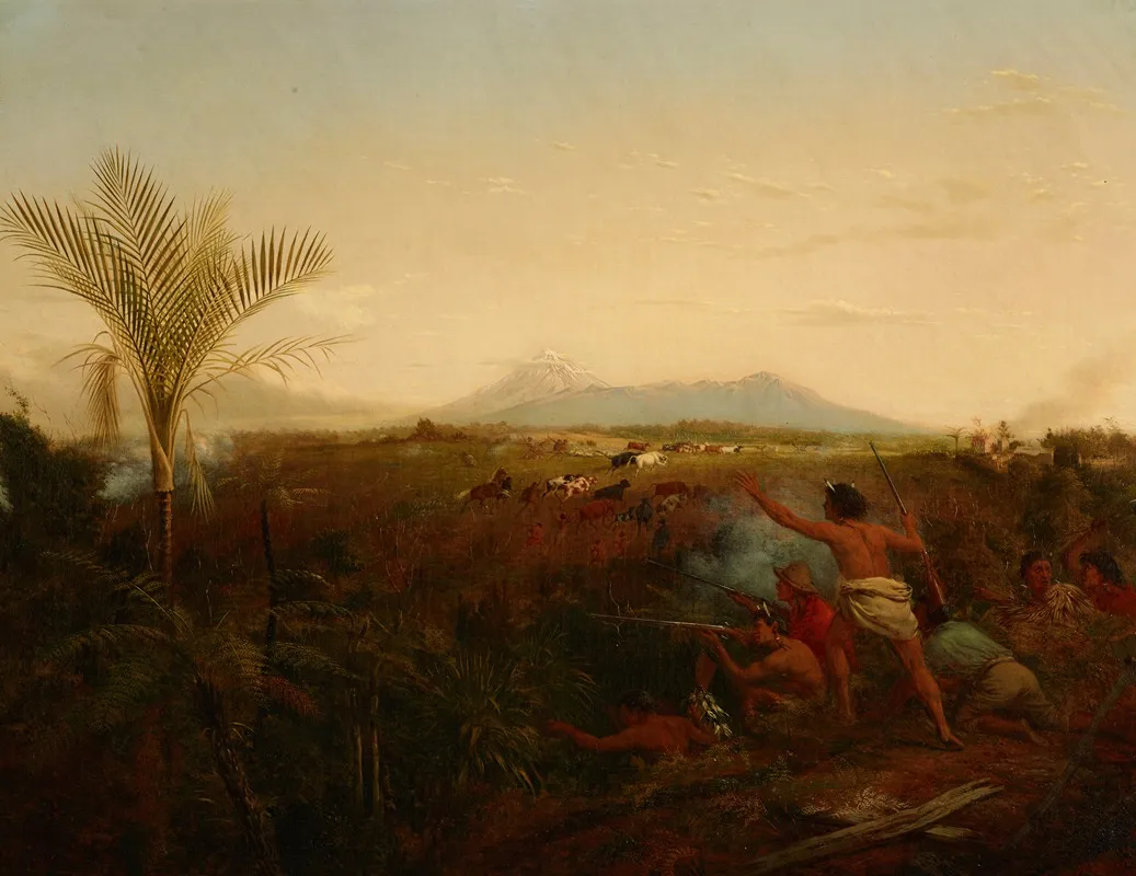 View Of Mt Egmont Taranaki New Zealand Taken From New Plymouth With Maoris Driving Off Settlers Cattle