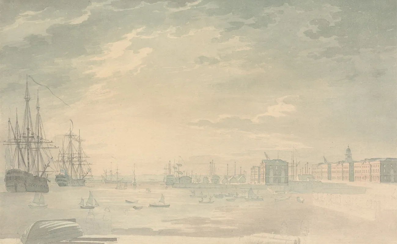 View Of Portsmouth Harbor With Shipping Showing Buildings On Shore Wall Art by George Bulteel Fisher - High-Resolution Digital Print