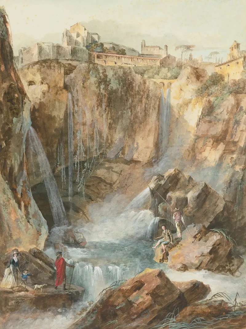 View Of The Cascades At Tivoli With Fishermen And Tourists