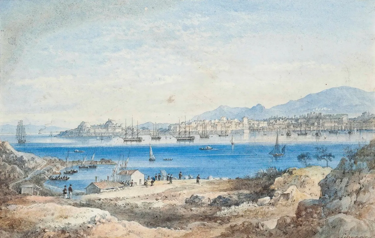 View Of The Fleet At Anchor Off Corfu Taken From The Island Of Vido Wall Art by Joseph Schranz - High-Resolution Digital Print