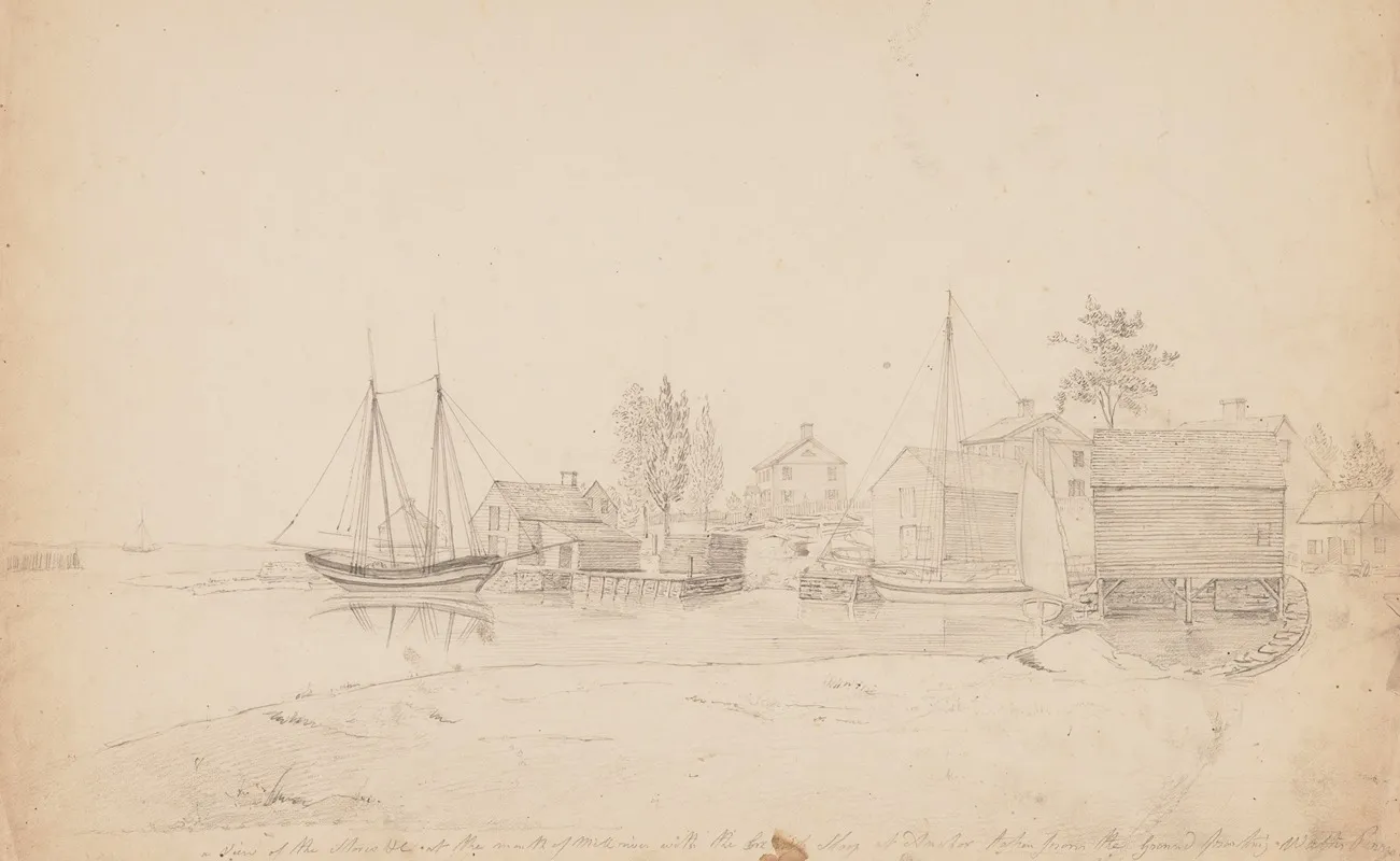 View Of The Stores At The Mouth Of The Mill River With The English Sloop At Anchor Taken From The Ground Walter Perrys