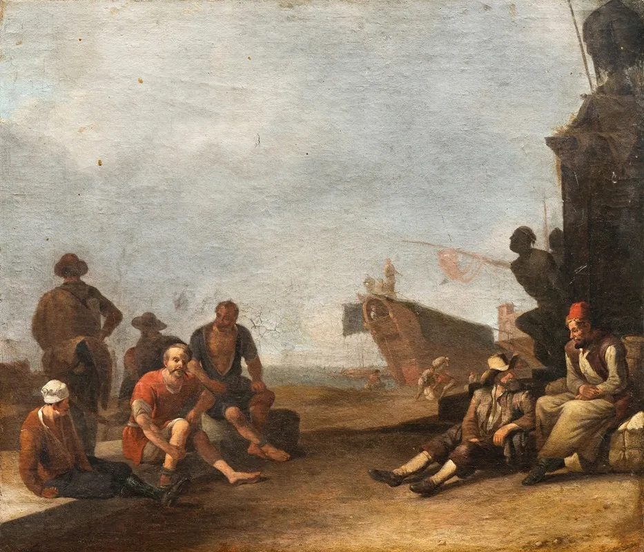 View On A Sourthern Harbor With Merchants And Prisoners A Ship And The Statue Of Ferdinand I De Medici In Livorno