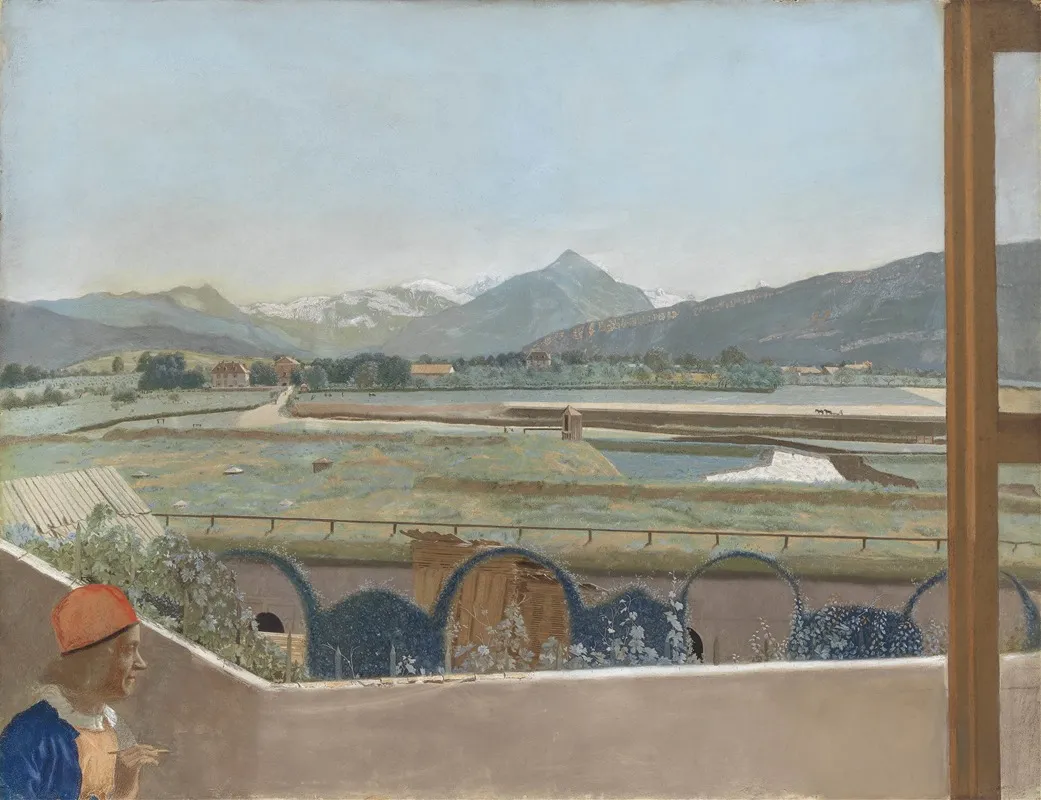View Toward The Mont Blanc Massif From The Artists Studio At Geneva With A Self Portrait