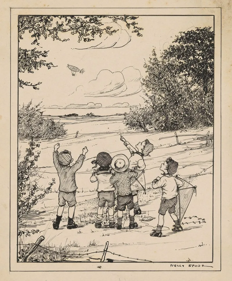 Vijf Jongens Kijkend Naar Een Zeppelin 2
