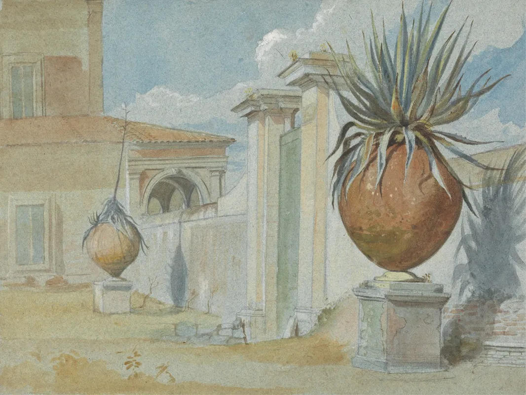 Villa Massimi Rome Gateway Flanked By Palms In Large Earthware Jars Wall Art by Harry John Johnson - High-Resolution Digital Print