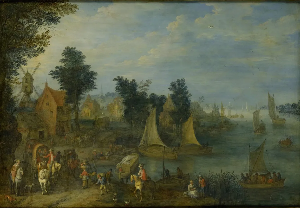 Village On The Bank Of A River Wall Art by Joseph van Bredael - High-Resolution Digital Print