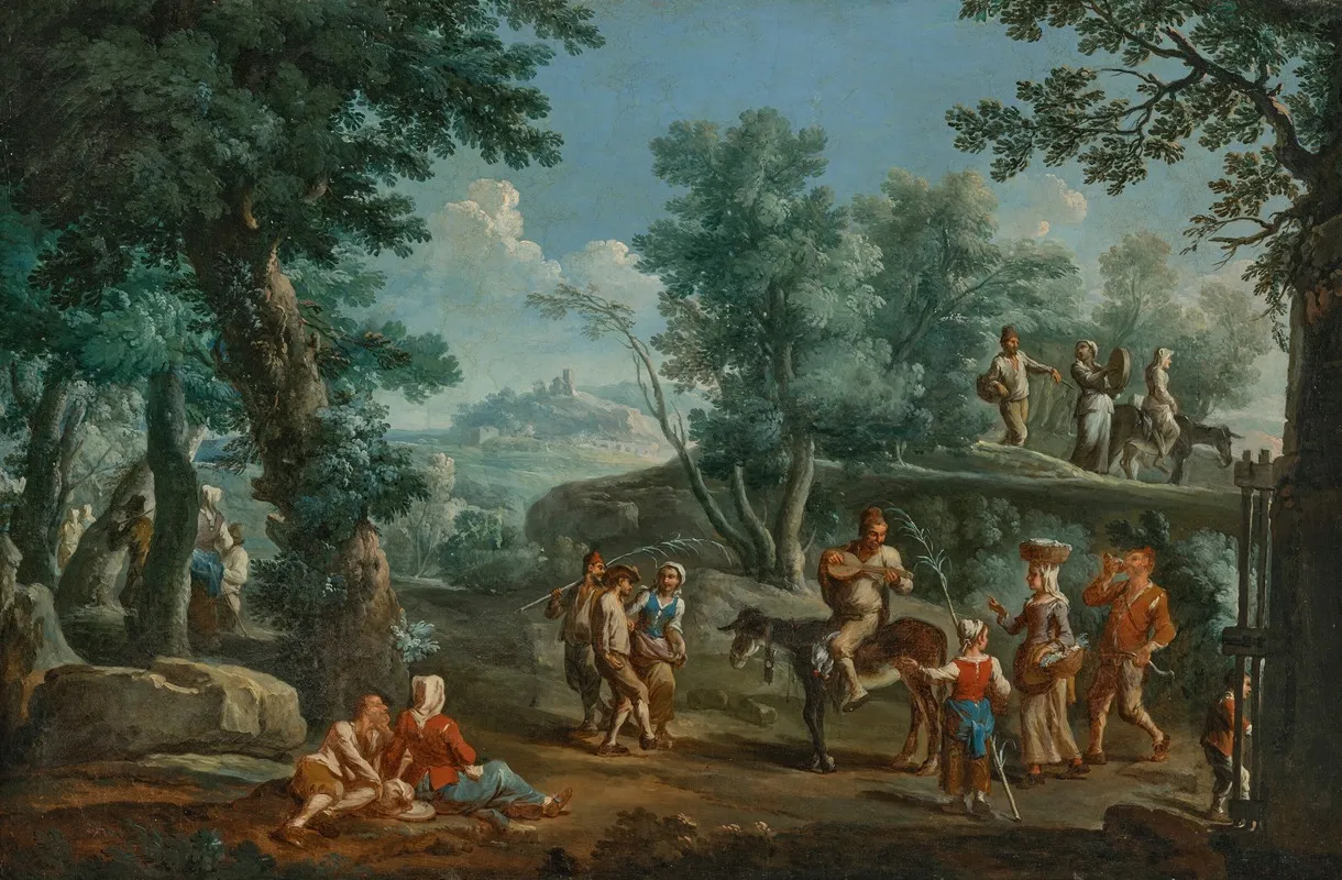 Villagers Playing Music Dancing And Resting In A Wooded Mountainous Landscape