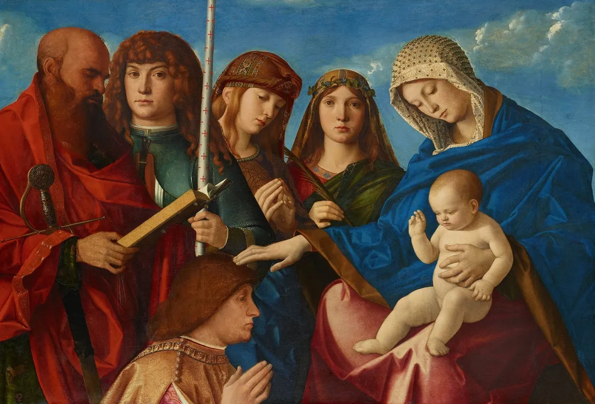 Virgin And Child Blessing A Kneeling Donor With Four Saints Wall Art by Marco Bello - High-Resolution Digital Print