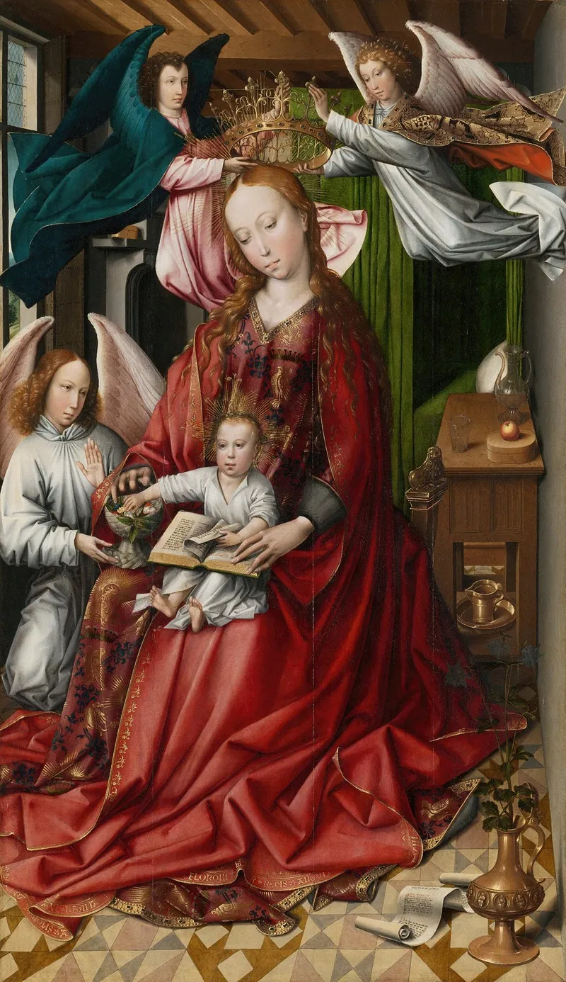 Virgin And Child Crowned By Angels Wall Art by Colijn de Coter - High-Resolution Digital Print