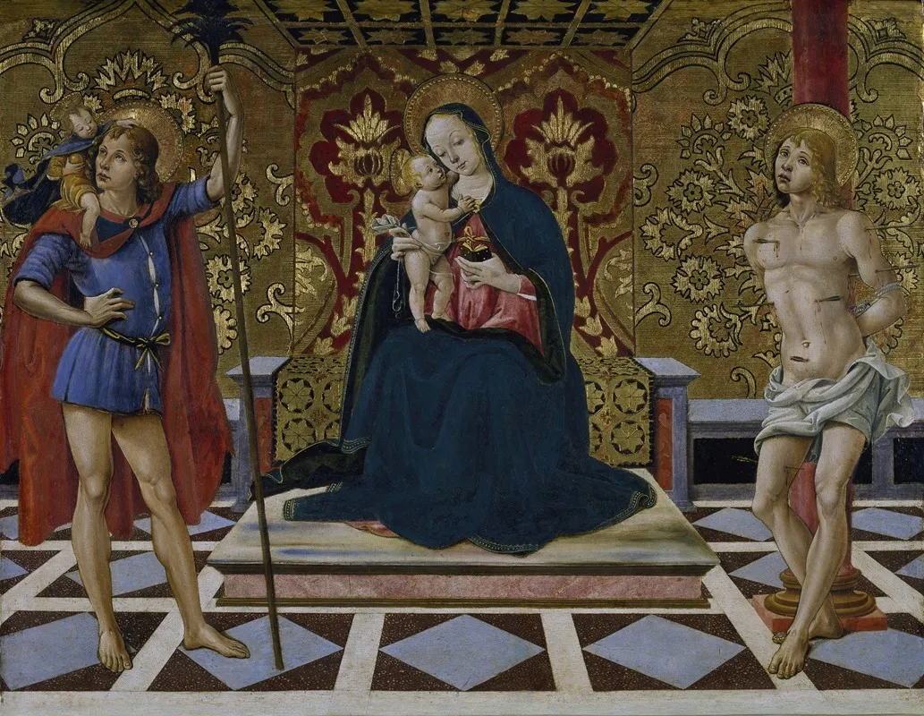 Virgin And Child Enthroned With Saints Christopher And Sebastian Wall Art by Fiorenzo Di Lorenzo - High-Resolution Digital Print