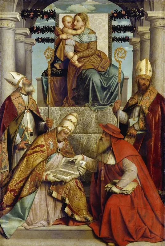 Virgin And Child Enthroned With The Four Fathers Of The Latin Church Wall Art by Moretto Da Brescia - High-Resolution Digital Print