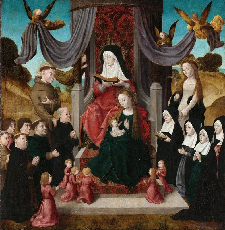 Virgin And Child With Saint Anne And Saints Francis And Lidwina With Donors Anna Selbdritt Wall Art by Master of the Saint John Panels - High-Resolution Digital Print
