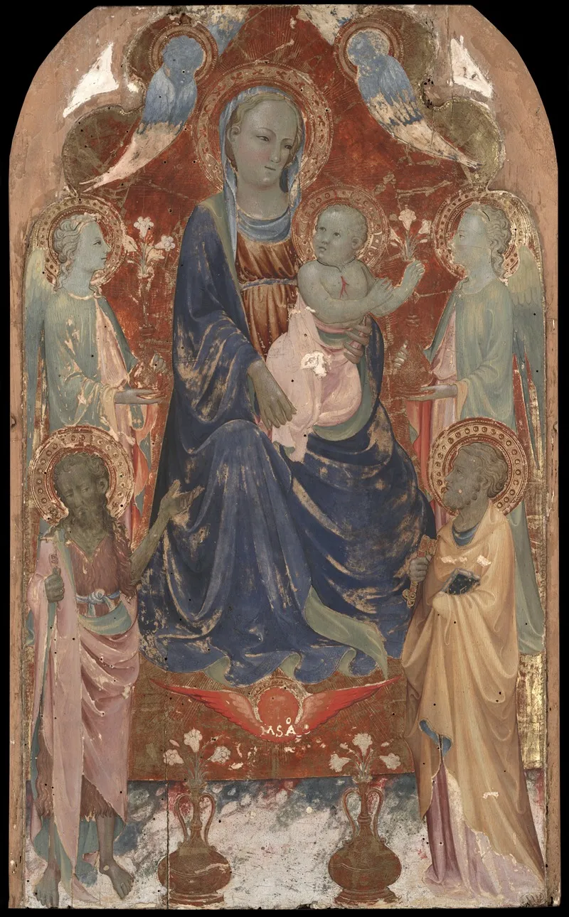 Virgin And Child With Saint John The Baptist Saint Peter And Two Angels Wall Art by Rossello di Jacopo Franchi - High-Resolution Digital Print