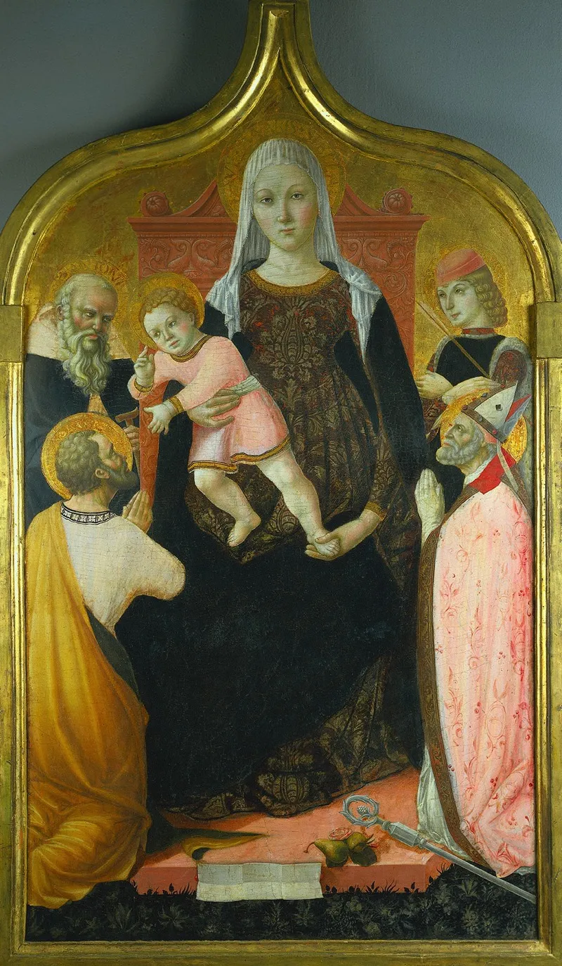 Virgin And Child With Saints Anthony Abbott Mark Severino And Sebastian Wall Art by Lorenzo da Sanseverino - High-Resolution Digital Print