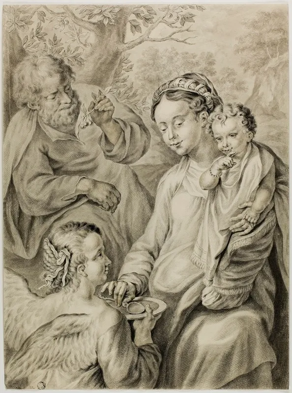 Virgin Feeding Porridge To The Christ Child With Saint Joseph And Kneeling Angel Wall Art by Abraham Delfos - High-Resolution Digital Print