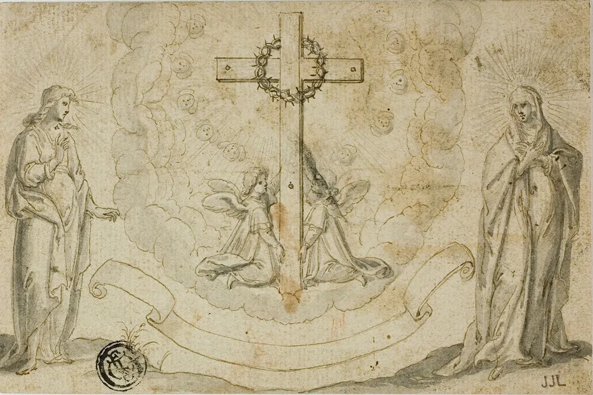 Virgin Mary And St John The Evangelist Beholding A Vision Of The Cross Held By Two Angels