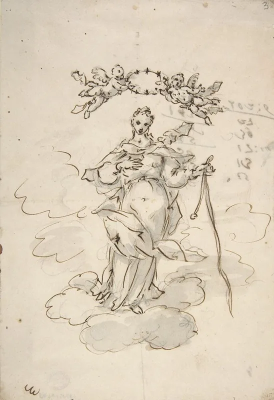 Virgin Standing On Clouds Holding A Scapular In Her Left Hand