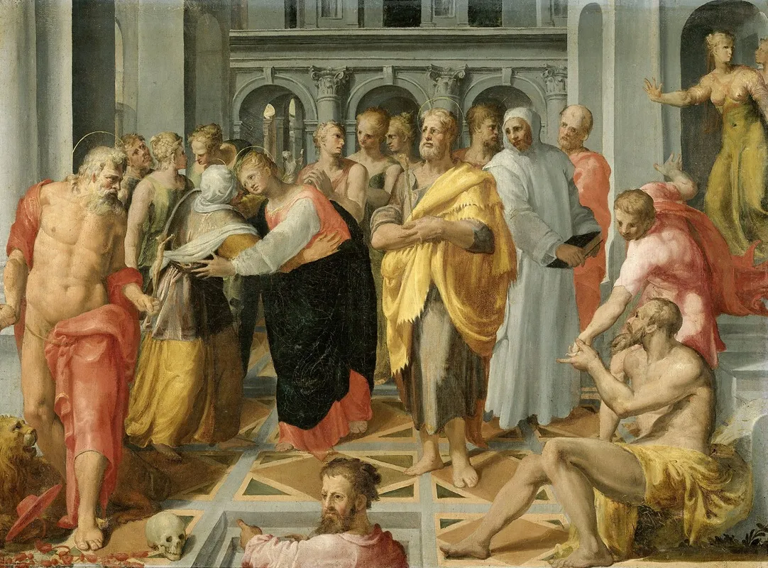 Visitation Meeting Of Mary And Elizabeth In The Presence Of Saints Joseph And Jerome 2 Wall Art by Circle of Pellegrino Tibaldi - High-Resolution Digital Print