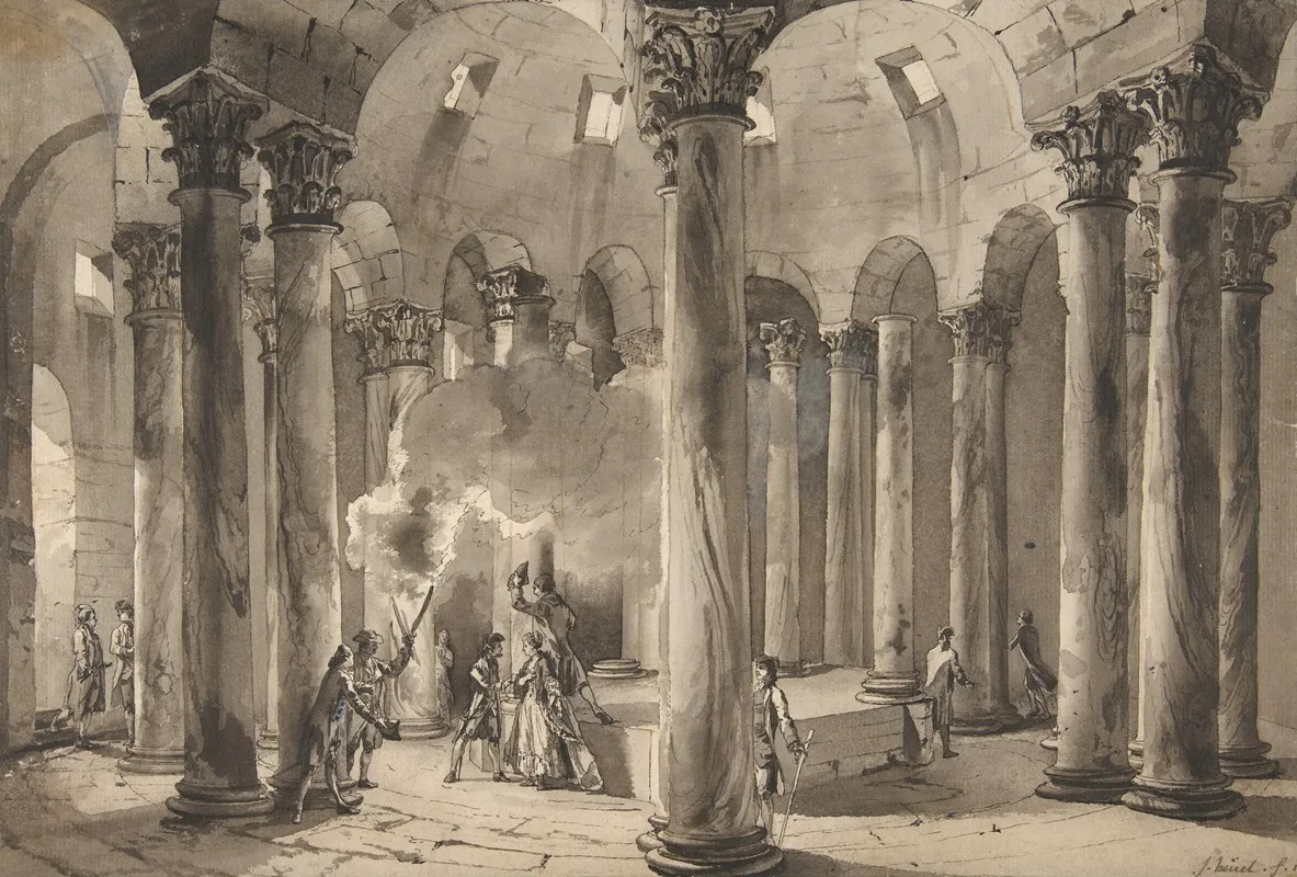 Visitors With Torches Inside A Circular Building