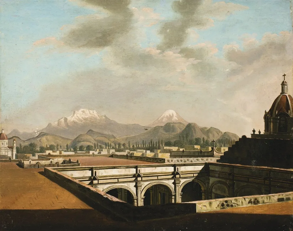 Vista De Los Volcanes Desde La Azotea De Un Palacio Civil Novohispano Wall Art by Pietro Gualdi - High-Resolution Digital Print